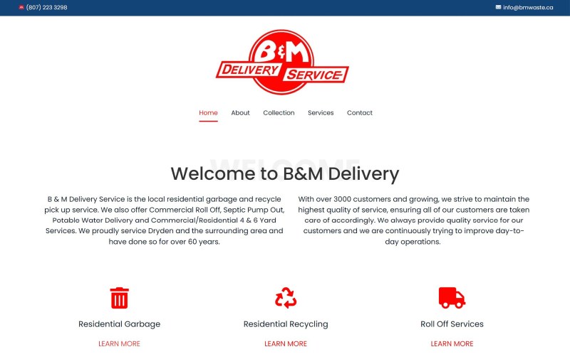 Snapshot of B and M delivery service  website header.
