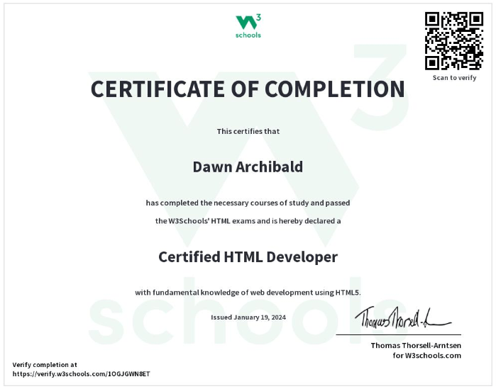 W3Schools Certified HTML Developer certificate