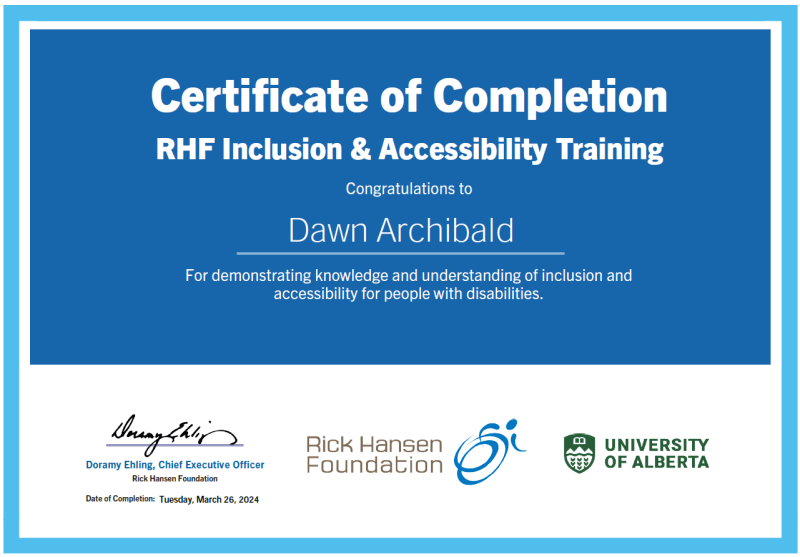 Rick Hansen Foundation Inclusion & Accessibility Training certificate