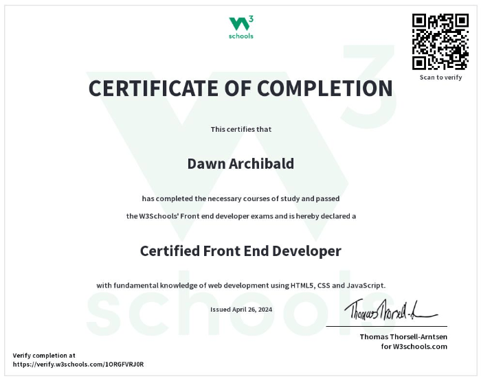 W3Schools Certified Front-End Developer certificate