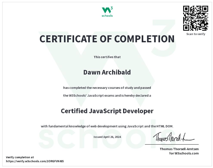 W3Schools Certified Javascript Developer Certificate