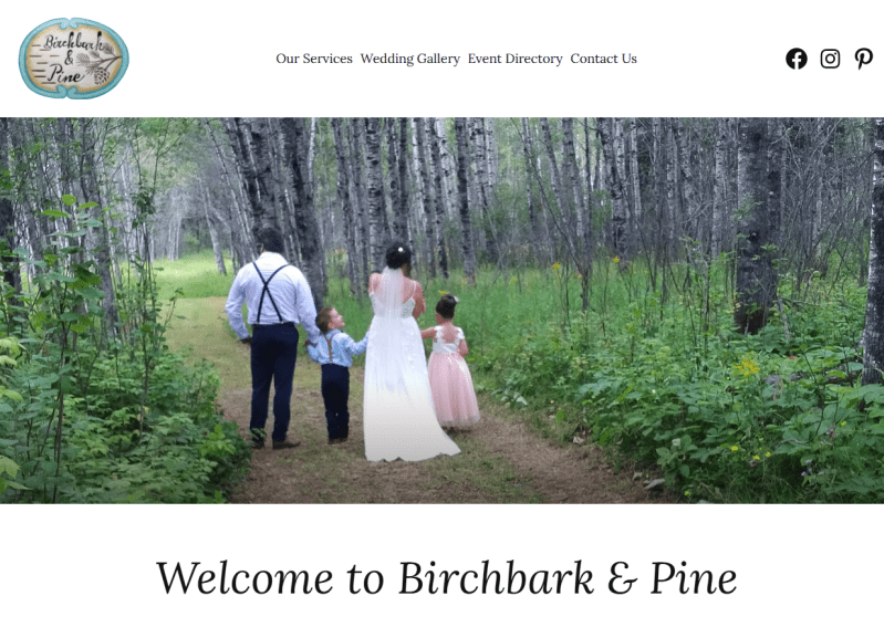 Snapshot of Birchbark and Pine's wedding planning website header region.
