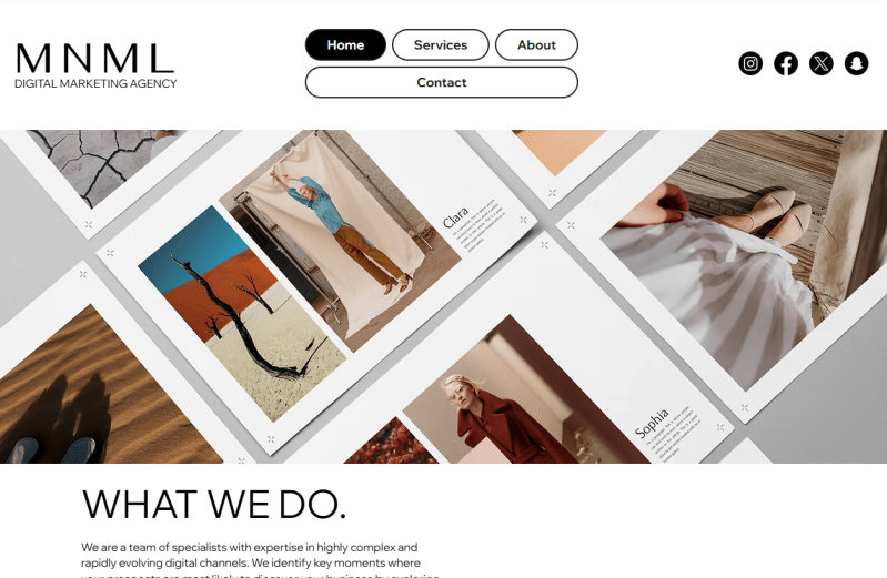 Snapshot of MNML digital marketing agency's website header region.